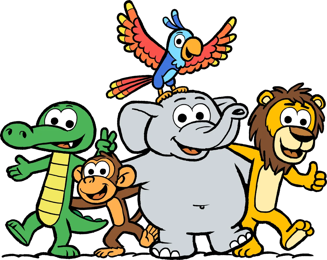 Krokodil, Aap, Olifant, Leeuw en Papegaai uit Junglemaatjes